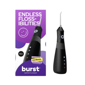 Black water flosser with purple packaging labeled 'burst' on a white background