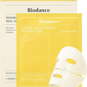 Biodance Radiant Vita Niacinamide Real Deep Mask packaging with a sheet mask displayed.