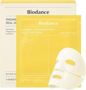 Biodance Radiant Vita Niacinamide Real Deep Mask packaging with a sheet mask displayed.