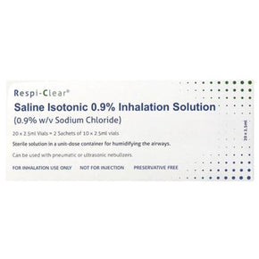 The Respi-Clear Saline Isotonic 0.9% Nebuliser Solution is an essential therapeutic aid for respiratory care. Designed for use with all types of nebulisers, this sterile saline solution helps to thin mucus, moisturise airways, and facilitate easier breathing. Ideal for individuals with respiratory conditions such as asthma, bronchitis, or chronic obstructive pulmonary disease (COPD), it supports effective and efficient nebuliser treatments.