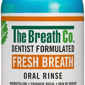 The Breath Co. Fresh Breath Oral Rinse bottle with orange cap and blue label on a white background
