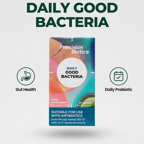 Precision Biotics Daily Good Bacteria supplement package on a light gray background