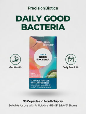 Precision Biotics Daily Good Bacteria supplement package on a light gray background